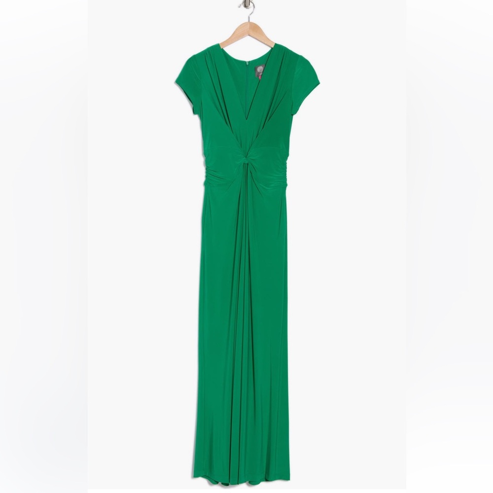 NWT Vince Camuto Green Formal Ruched V-Neck  Cinched Knot Flared-Leg Jumpsuit - Picture 2 of 4